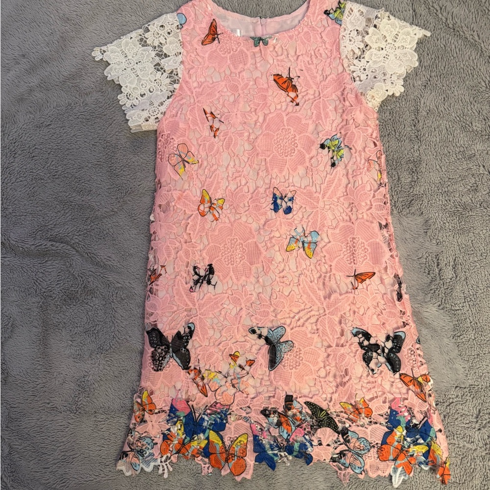 Pink Butterfly Lace Kids Dress, size 7/8Y